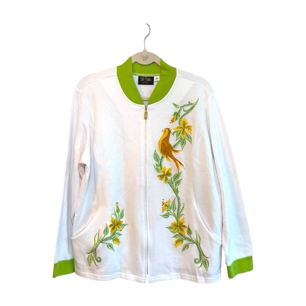 Bob Mackie Wearable Art White/Green Embroidered Bird Zip Up Jacket Sz XL NWOT